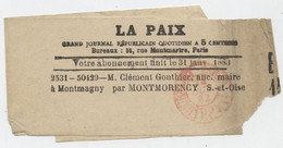 Montmagny Par Montmorency,1883, Bande-journal,  La Paix, Journal Républicain, Clément Gontier, Ancien Maire - Zeitungsmarken (Streifbänder)