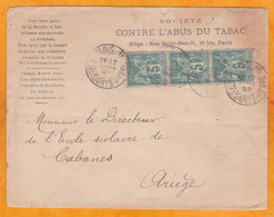 1898 - Bande De 3 X 5c Sage Sur Enveloppe De Paris Vers Cabanes, Ariège - Société Contre L'Abus Du Tabac - 1898-1900 Sage (Type III)