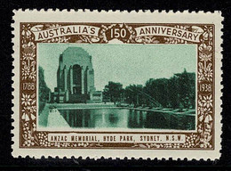 Australia 1938 ANZAC Memorial, Hyde Park, Sydney - NSW 150th Anniversary Cinderella MNH - Werbemarken, Vignetten