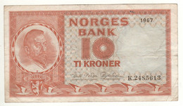 NORWAY  10 Krone   P31d   Dated 1967   ( Christian Michelsen On Front - Mercury, Ships On Back ) - Norway