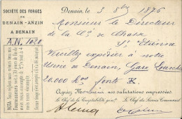 NORD - 1876 - CARTE PRECURSEUR ENTIER Avec REPIQUAGE PRIVE Des FORGES De DENAIN - Voorloper Kaarten