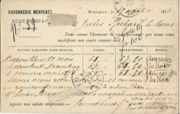 BdR - 1873 - CARTE PRECURSEUR ENTIER CERES Avec REPIQUAGE PRIVE De SAVONNERIE MENPETI De MARSEILLE Pour LE MANS - Tarjetas Precursoras