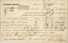 BdR - 1873 - CARTE PRECURSEUR ENTIER CERES Avec REPIQUAGE PRIVE De SAVONNERIE MENPETI De MARSEILLE Pour LE MANS - Voorloper Kaarten