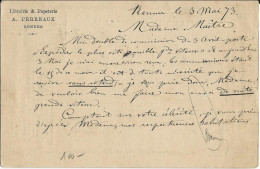 ILLE ET VILAINE - 1873 - CARTE PRECURSEUR ENTIER CERES REPIQUAGE PRIVE LIBRAIRIE PERREAUX à RENNES - Precursor Cards