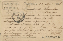 AUBE - 1878 - CARTE PRECURSEUR ENTIER SAGE REPIQUAGE PRIVE BONNETERIE ROIZARD à TROYES - Precursor Cards