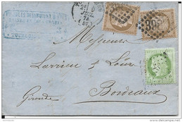 1874 - NORD - RARE COMBINAISON GC + PC Du GC 3987 De TOURCOING - LETTRE AFFRANCHIE D'ABORD à 20c PUIS COMPLETEE De 5c - 1871-1875 Cérès
