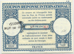 COUPON-REPONSE INTERNATIONAL De 0,70 RECTIFIE 0,80 à La MAIN De ISSOIRE (PUY DE DOME) CACHET LINEAIRE SANS DATE - Reply Coupons