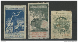 ITALIE - 3 VIGNETTES EXPOSITIONS FIRENZE 1898 + TORINO 1898 + VENEZIA 1897 - Vignetten (Erinnophilie)