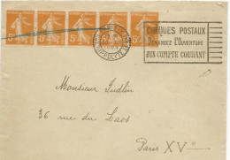 1922 - SEMEUSE - BANDE De 5 Sur ENVELOPPE De PARIS Avec MECA - 1906-38 Semeuse Camée