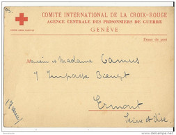 1940 - CARTE CROIX-ROUGE De GENEVE - AGENCE Des PRISONNIERS DE GUERRE - Pour ERMONT - Cruz Roja