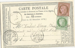 1876 - BEL AFFRANCHISSEMENT CERES Sur CARTE PRECURSEUR ENTIER De BILLOM Pour LYON - 1871-1875 Cérès
