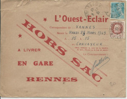 1943 - MERCURE + PETAIN Sur ENVELOPPE HORS SAC De VANNES (MORBIHAN) Pour RENNES (ILLE ET VILAINE) - Lettres & Documents