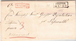 1855, Recommandierter Dienstbrief Mit Komplettem Inhalt Ab STETTIN Mit Rotem Zackenkranzstempel - Covers & Documents
