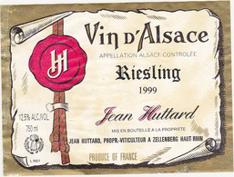 Etiquette Vin / Alsace / Riesling / Jean Huttard à Zellenberg / 1999 - Riesling