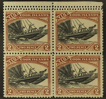 1932 2d Black And Red-brown Pictorial, Upper Marginal Block Of Four, Perforated 14 Between Stamps And Top Margin, SG 57a - Niue