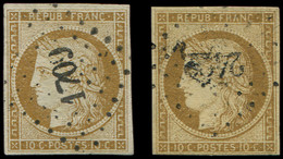 EMISSION DE 1849 - 1    10c. Bistre-jaune, 2 Nuances Obl. PC, Un Ex. Marge Fine En Bas, L'autre TB - 1849-1850 Ceres