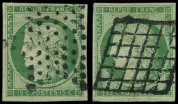 EMISSION DE 1849 - 2    15c. Vert, 2 Nuances Obl. GRILLE Et ETOILE, 1 Ex. Léger Pelurage, L'autre TB - 1849-1850 Ceres