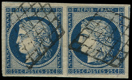 EMISSION DE 1849 - 4    25c. Bleu, PAIRE Grandes Marges (2 Amorces De Voisins), Obl. GRILLE, TTB - 1849-1850 Ceres