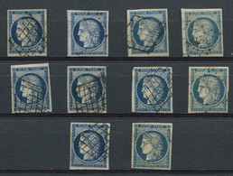 EMISSION DE 1849 - 4 Et 4a, 25c. Bleu Et 25c. Bleu Foncé, 10 Ex. Obl. GRILLE Ou PC, TB - 1849-1850 Cérès