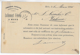 1885 - REPIQUAGE COMMERCIAL Sur CARTE ENTIER ALLEMANDE De METZ => VALENCE (DROME) - Bijgewerkte Postkaarten  (voor 1995)