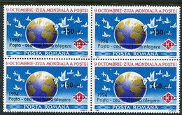 ROMANIA 1994 World Post Day Block Of 4 MNH / **.  Michel 5032 - Unused Stamps