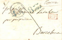 1838 (13 NOV). Carta De Jaca A Barcelona. Fechador De Olorón En Negro Y "P.P." Recuadrado En Rojo. Porteo "4Rs" Y "8ms" - Carlistas