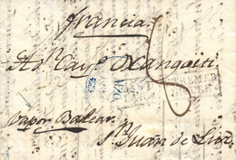 1839 (2 MAR). Carta De Cádiz A San Juan De Luz. Mms. "Vapor Balear" Y Marca "PAYS D'OUTREMER / PAR COLLIOURE" Recuadrada - Carlisten