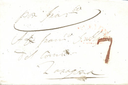 1839 (19 MAR). Carta De Barcelona A Zaragoza. Marca Nº 51 Y Porteo "7" Cuartos, Ambas En Rojo. Mms. "Por Francia" Para E - Carlisti