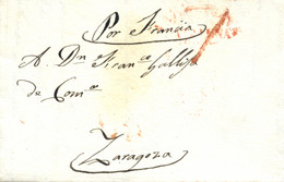 1839 (5 AGO). Carta De Barcelona A Zaragoza. Marca Nº 51 Y Porteo "7" Cuartos, Ambas En Rojo. Mms. "Por Francia" Para Ev - Carlistas