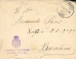 1925 (25 SEP). Carta De Zaragoza A Barcelona. Franquicia En Violeta "HABILITACION DE CORREOS/ZARAGOZA". Llegada Al Dorso - Franchise Postale