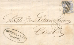 Ø 107 En Carta De Londres A Cádiz, El 5/7/1871. Mat. P.C. "1". Carta Depositada En El Correo De Madrid. En El Frente Fec - Storia Postale