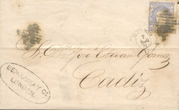 Ø 107 En Carta De Londres A Cádiz, El 5/8/1871. Mat. P.C. "1". Depositada En El Correo De Madrid. En El Frente Fechador - Brieven En Documenten