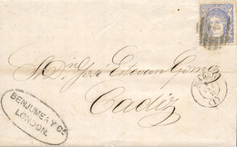 Ø 107 En Carta De Londres A Cádiz, El 5/9/1871. Depositada Fraudulentamente En El Correo De Madrid. En El Frente Fechado - Covers & Documents