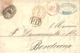 Ø 113 En Carta De Madrid A Burdeos (Francia), El 10/8/1870. Mat. P.C. "1". En El Frente Fechador En Rojo, "P.D." Ovalado - Storia Postale