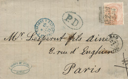 Ø 125 En Carta De Bilbao A París, El 14/1/1873. Mat. R.P. En El Frente Fechador "P.D." Recuadrado Y Ambulante De San Jua - Brieven En Documenten