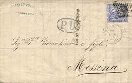 Ø 137 En Carta De Barcelona A Messina, El 29/1/1874. Mat. R.P. En El Frente Fechador, "P.D." En óvalo Azul Y "vía Di Jun - Briefe U. Dokumente