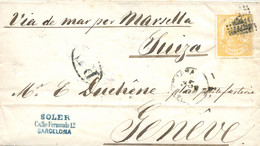 Ø 149 En Carta De Barcelona A Suiza, El 14/10/1874. Mat. R.P. En El Frente Fechador Y "P.D." Recuadrado En Azul De Barce - Briefe U. Dokumente