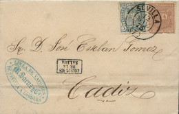 Ø 153 Y 154 En Carta De Sevilla A Cádiz, El 12/5/1875. Mat. Fechador. En El Frente Marca "DESPUES/DE LA/SALIDA" Recuadra - Cartas & Documentos