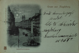 Magdeburg // Gruss Aus - Mondschein Karte // Hasselbachbrunnen Pferdentram) 1899 - Maagdenburg