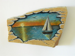 Yacht In The Sunset Hand Painted On A Spanish Tosca Stone Paperweight - Pisapapeles