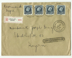 1Fr. Bleu (x4) Obl. Sc BRUXELLES 1 Sur Lettre Recommandée Et Exprès (griffe Bilingue) Du 14-V-1925 Vers Luzern (CH). - 1 - 1921-1925 Small Montenez