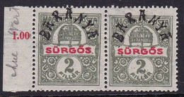 Baranya, 1919, 2 Fil, Express Stamp, Pair, New Value Overprint Missing !, MNH, Very Good Quality - Baranya