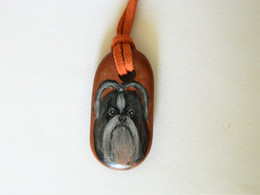 Shih Tzu Dog Hand Painted On A Terracotta Tile Keyring/Pendant - Hangers