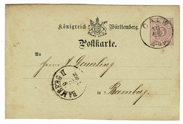 Ref 1402 - 1877 Wurttemberg Germany - Postal Stationery Card - Calw To Bamberg - Postwaardestukken