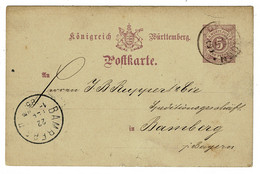 Ref 1402 - 1886 Wurttemberg Germany - Postal Stationery Card To Bamberg - Ganzsachen