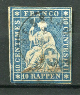 19657 SUISSE N°27b ° 10r. Bleu Helvetia  Fil De Soie (vert)  Papier Moyen   1854-62  B/TB - Gebraucht