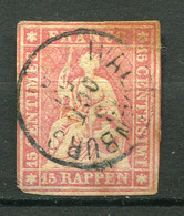 19658 SUISSE N°28a ° 15r. Rose Helvetia  Fil De Soie (bleu)  Papier Moyen   1854-62  B/TB - Gebraucht