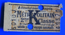 R.A.T.P.-MÉTROPOLITAIN MÈTRO K -Chemins De Fer-Titre De Transport Ticket Billet 2é Classe Europe-☛Rare--poinçons Trous R - Europa