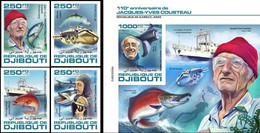 Djibouti 2020, J. Cousteau, Fish, Boat, 4val +BF IMPERFORATED - Immersione