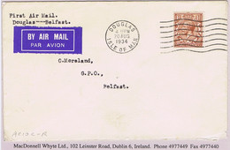 Ireland Airmail 1934 First Flight Douglas To Belfast By Railway Air Services, 'First Air Mail' Cover DOUGLAS 20 AUG 34 - Luchtpost